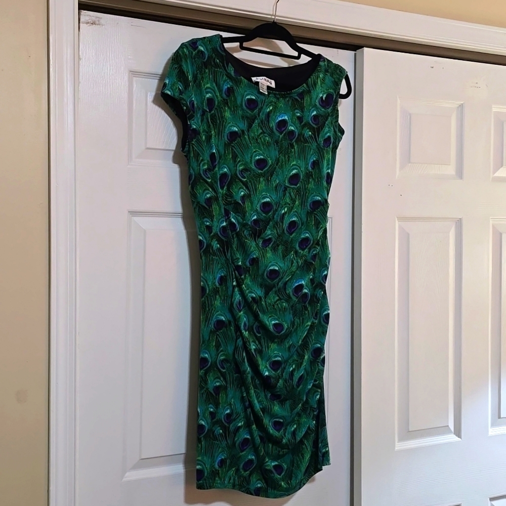 Joseph Ribkoff Dress Size 10 Green Peacock Pattern Sheath Rouched Stretch